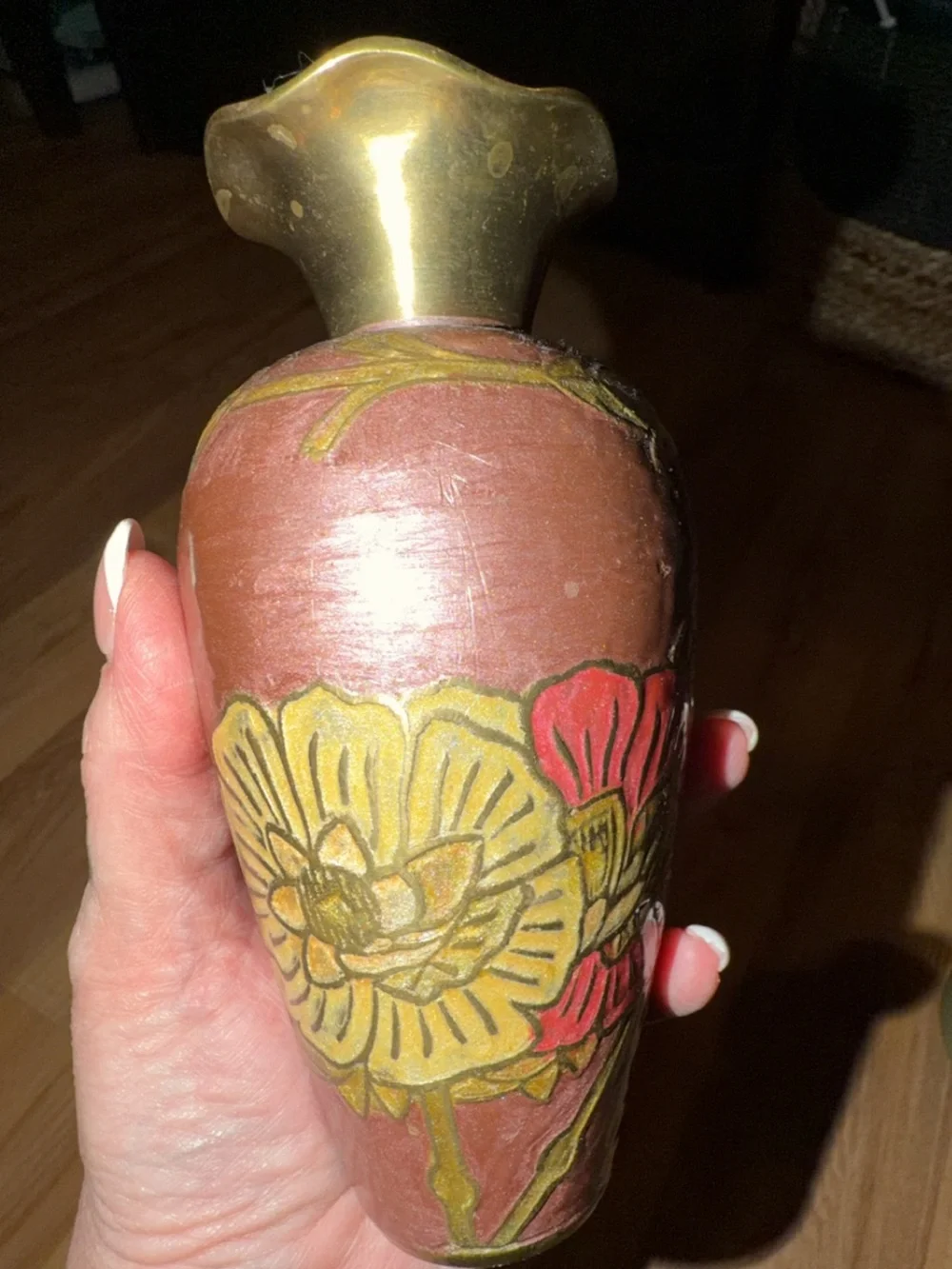 Vintage Enameled Brass Floral Scalloped Pedestal Bowl & Vase Set - Pink and Gold